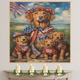 Chesapeake Bay Retriever Mother and Puppies in Patriotic Outfits with American Flag and Coastal Background Oil Painting on Ready to Hang 1.5" Thick Canvas Wrap, Floating Framed Canvas, Flat Rolled Canvas